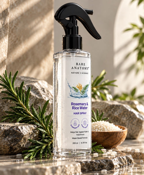 Rosmarin & Reiswasser Haarspray 200ml mit frischem Rosmarin und Reis auf Naturstein