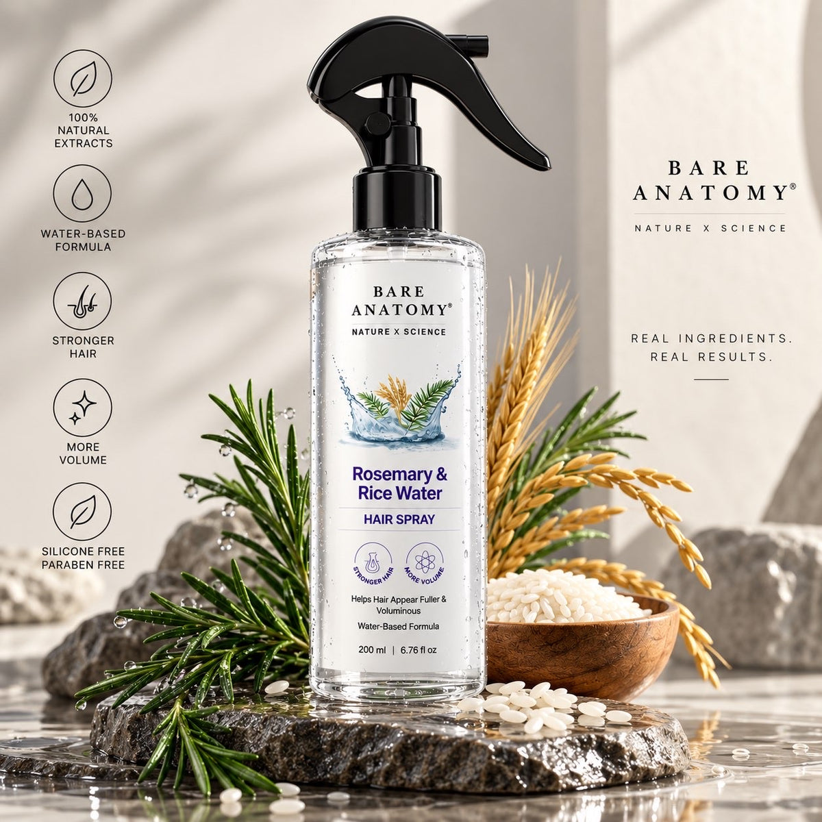 Rosmarin & Reiswasser Haarspray 200ml – Vorteile: wasserbasierte Formel, silikon- und parabenfrei